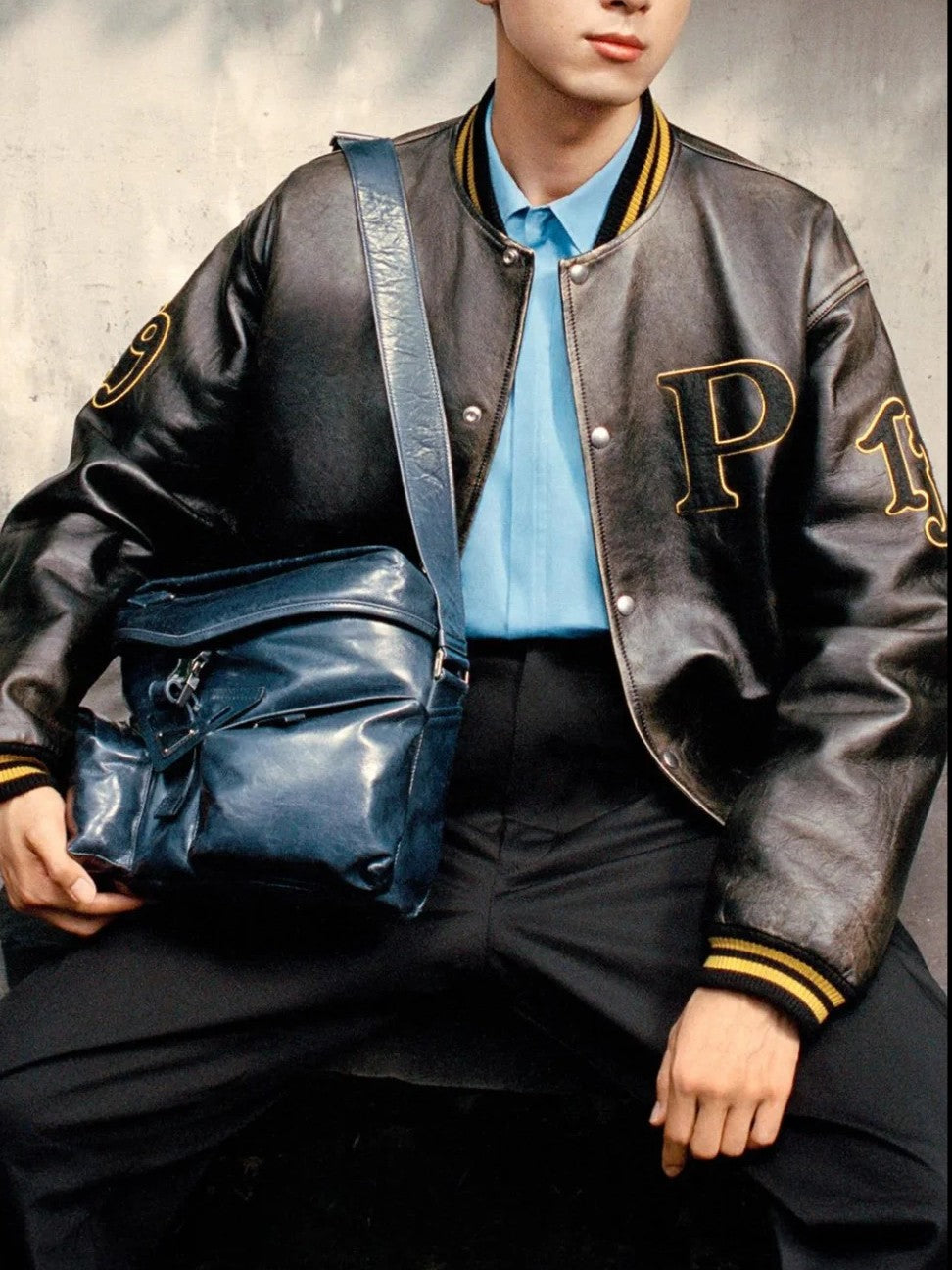 Leather baseball jacket